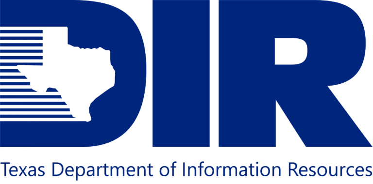 Texas Department of Information Resources (DIR) logo: large blue “DIR” letters with a white outline of Texas, above the agency’s full name.