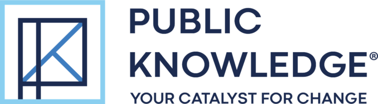 Public Knowledge logo featuring a geometric icon to the left of the company name and tagline, “Your catalyst for change.”