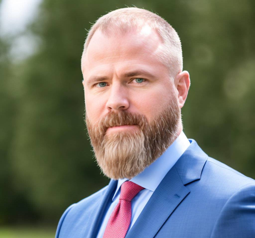 A man with a full beard wearing a blue suit and a red tie.