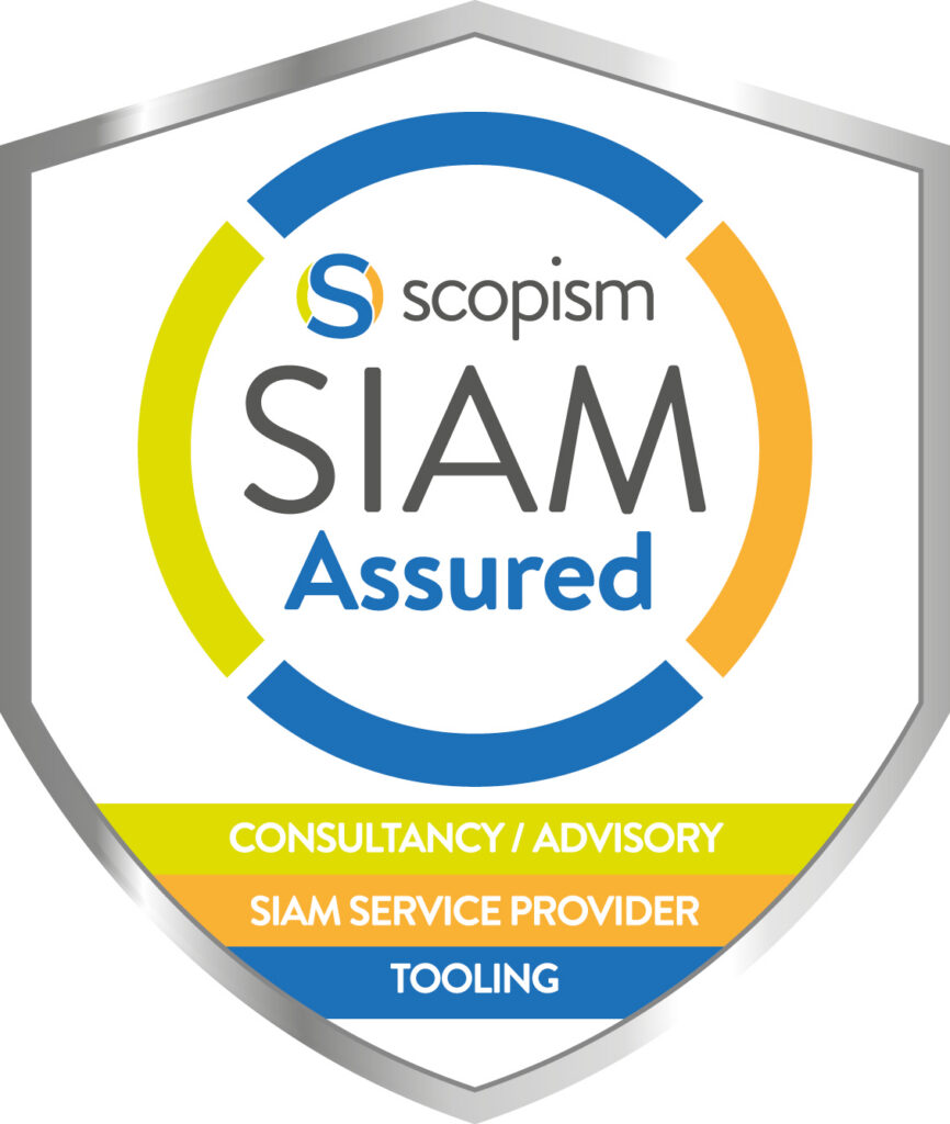 Scopism SIAM Assured badge covering all three categories: consultancy/advisory, managed service provider, and tooling.