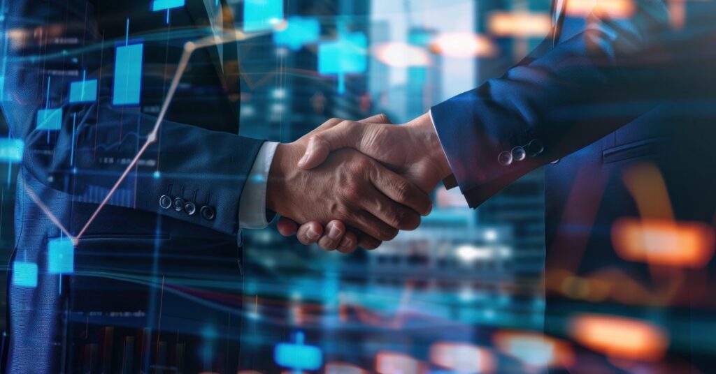 Two business professionals shaking hands in front of a city skyline with a glowing growth chart overlay