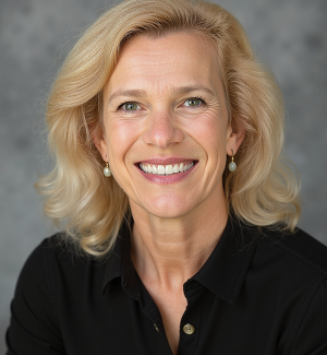 A woman with shoulder-length blonde hair, wearing a black blouse and pearl earrings, smiles at the camera against a gray, softly blurred background.