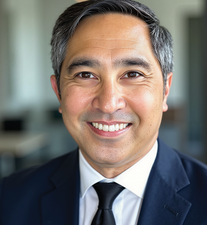 A man in a dark suit and black tie smiles at the camera in a bright, modern office setting.